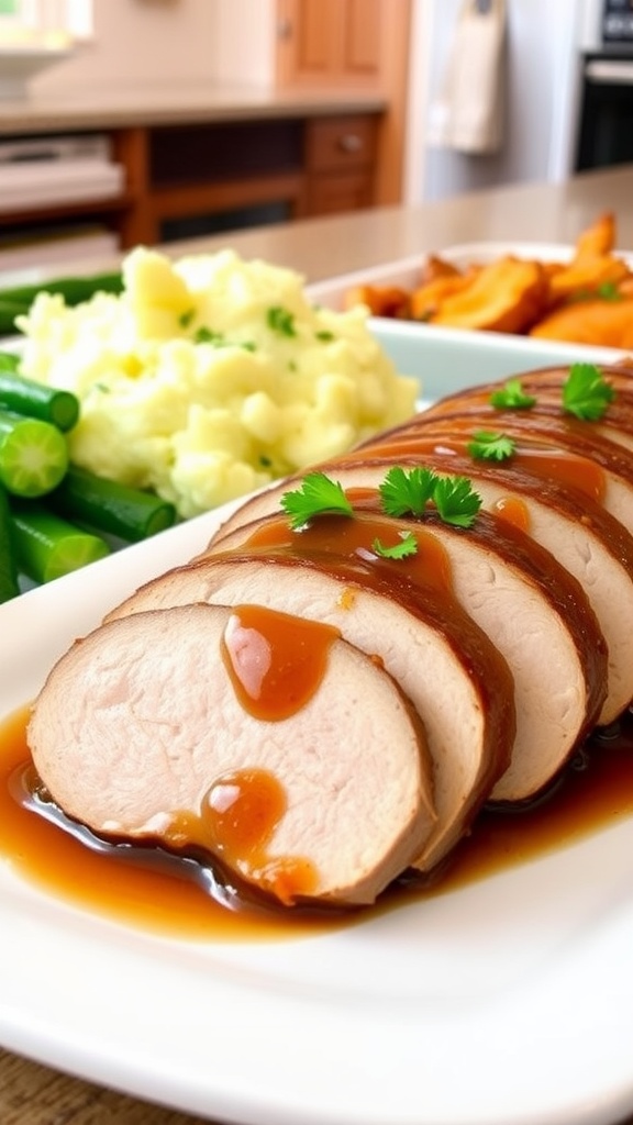 Crockpot pork tenderloin served with sauce and garnished with parsley, alongside mashed potatoes and vegetables.